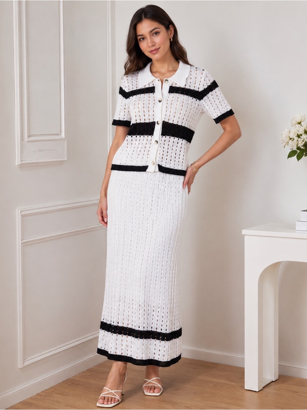 White & Black Striped Knit Maxi Dress